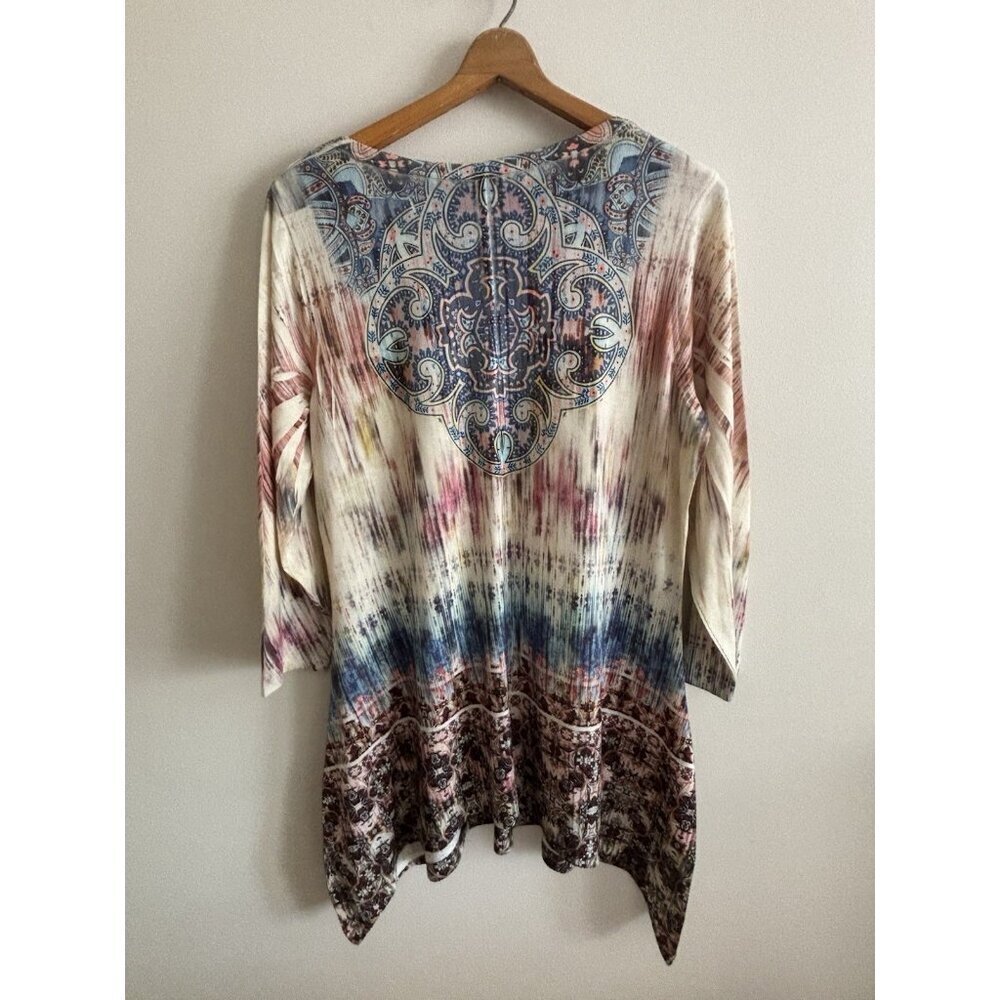 World Unity XL Multi-color Eastern Print Tunic Top Studded Asymmetrical Boho - Picture 9 of 14